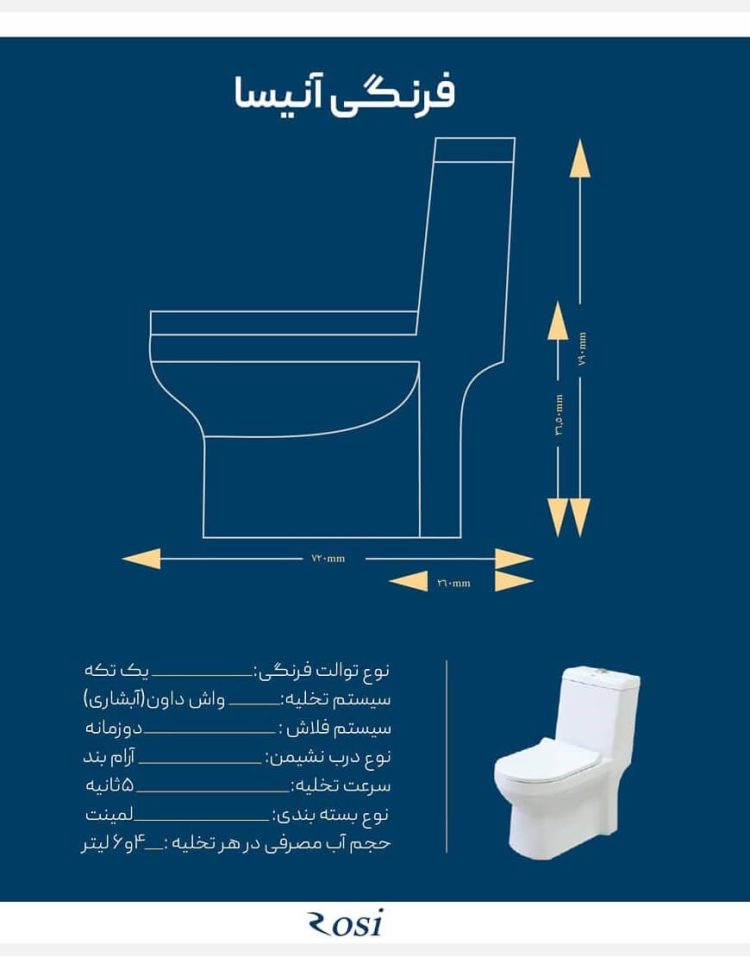 توالت فرنگی یک تکه بیده دار رسی مدل آنیسا