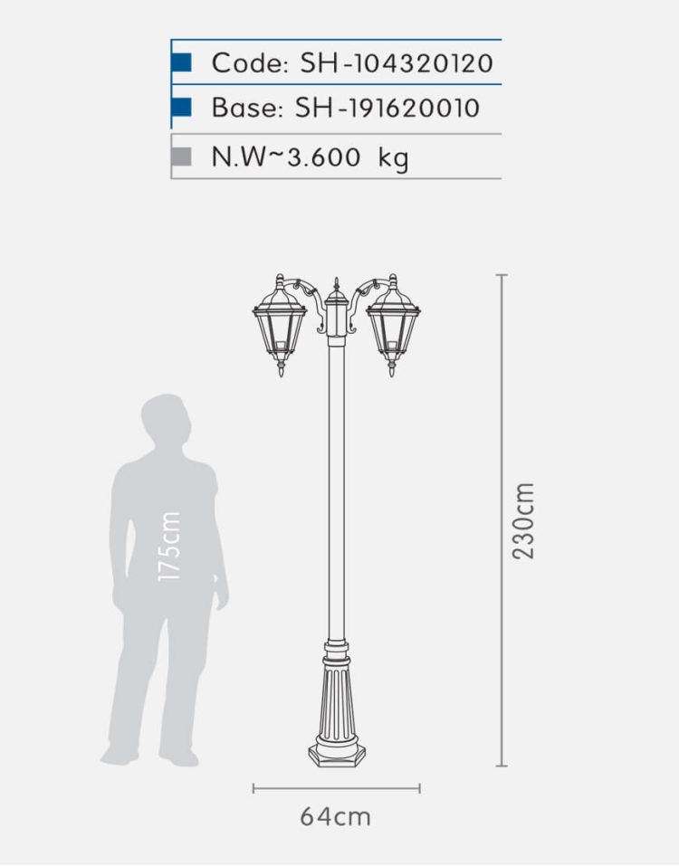 چراغ دوشاخه پارکی شب تاب مدل رومی SH-۱۰۴۳۲۰۱۲۰