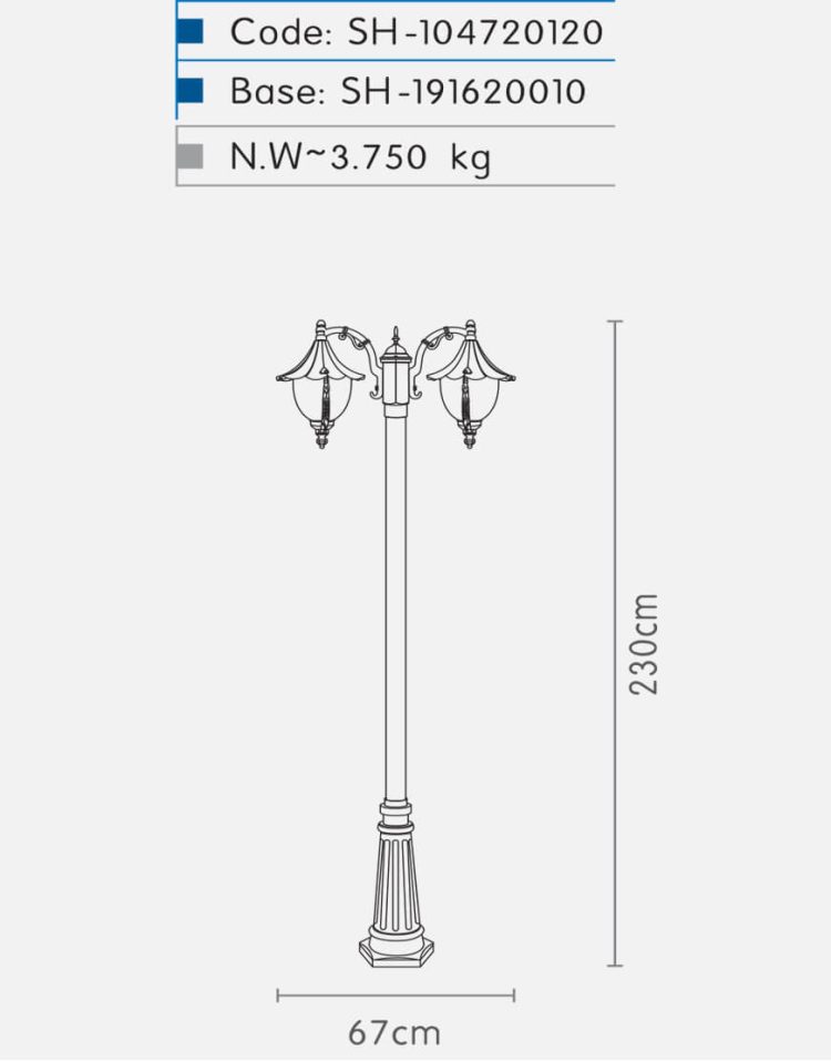 چراغ دوشاخه پارکی شب تاب مدل سلطنتی SH-۱۰۴۷۲۰۱۲۰