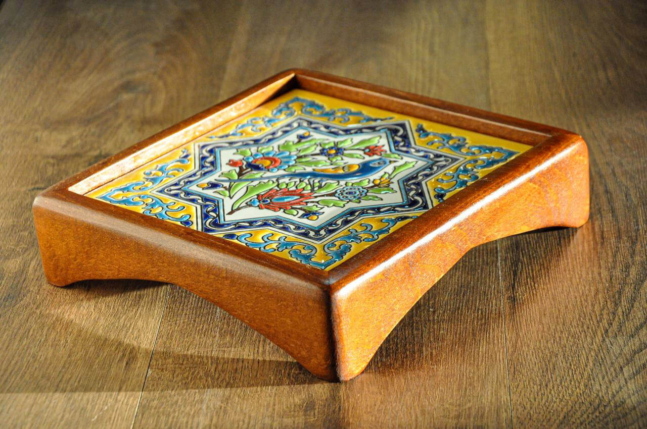 hendesi square wooden tea tray 00 - سینی چوبی مربع کاشیکاری -  - decorative-trays