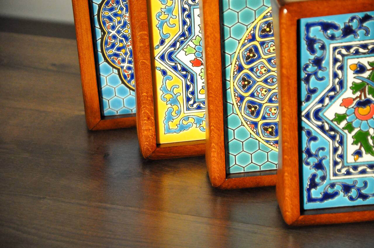 hendesi square wooden tea tray 000 - سینی چوبی مربع کاشیکاری -  - decorative-trays