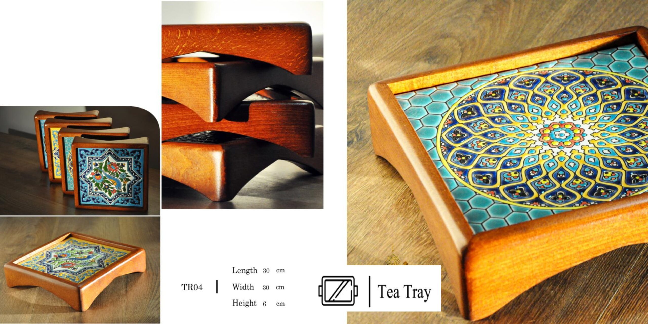 hendesi square wooden tea tray 00000 scaled - سینی چوبی مربع کاشیکاری -  - decorative-trays