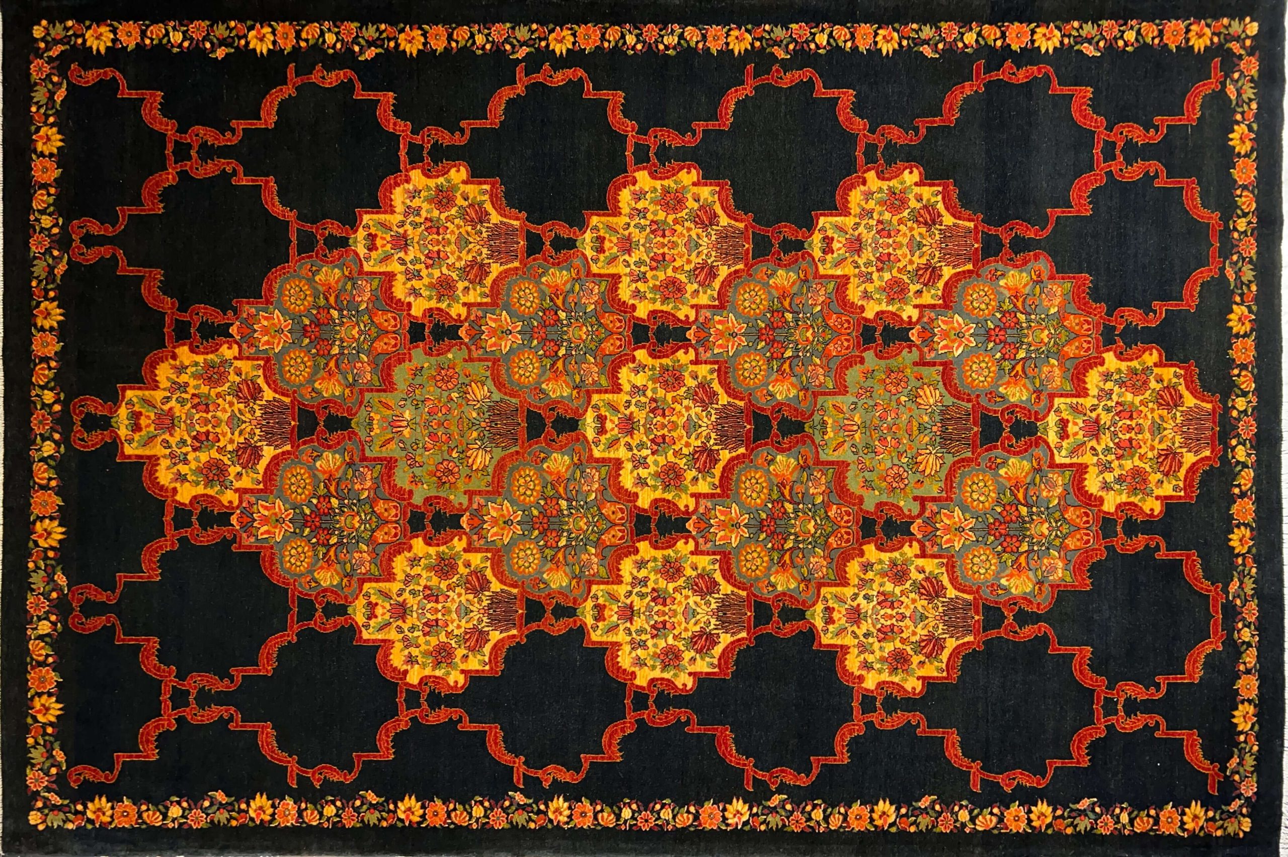 black goldani handwoven carpet code141 0 scaled - فرش دستباف مشکی نقش گلدانی کد 141 -  - area-rugs