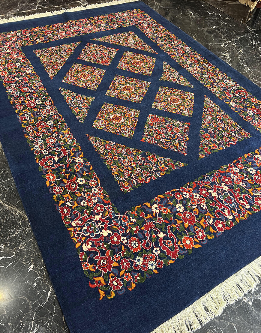 blue ghashghayi 1000flower handwoven carpet code151 1 - فرش دستباف آبی نقش قشقایی طرح هزار گل کد 151