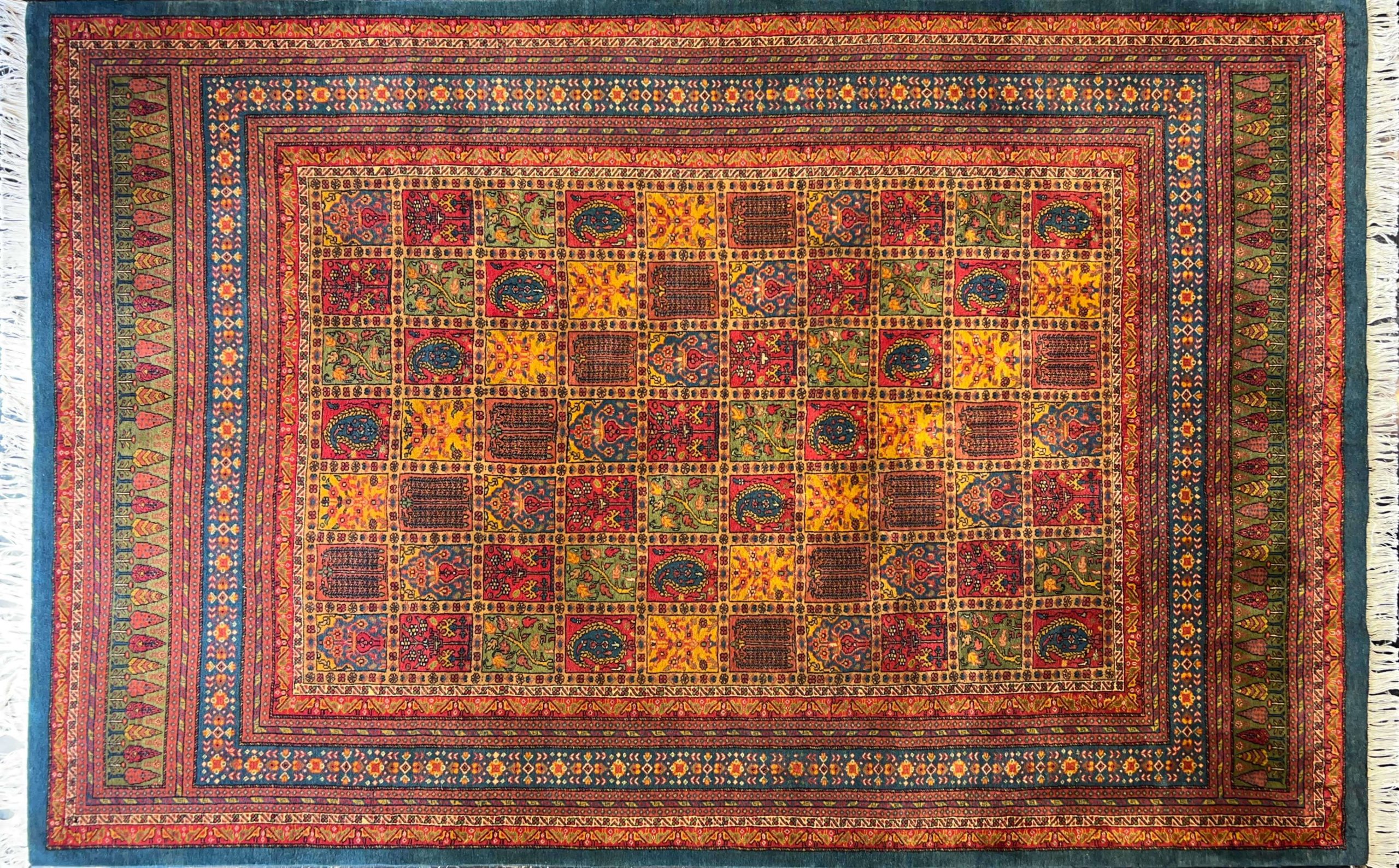 blue ghashghayi kheshti handwoven carpet code162 0 scaled - فرش دستباف زمینه آبی نقش قشقایی طرح خشتی کد 162 -  - area-rugs