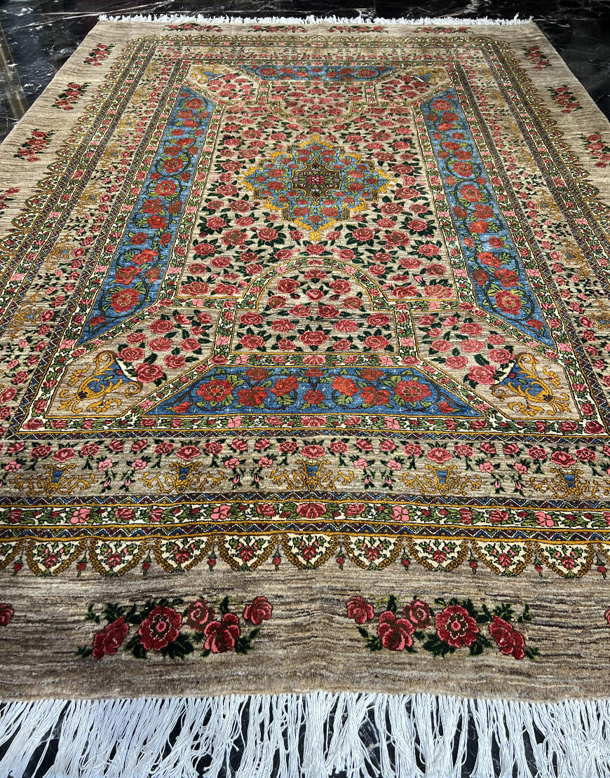 camel ghashghayi 1000flower handwoven carpet code153 1 - فرش دستباف شتری نقش قشقایی طرح هزار گل کد 153