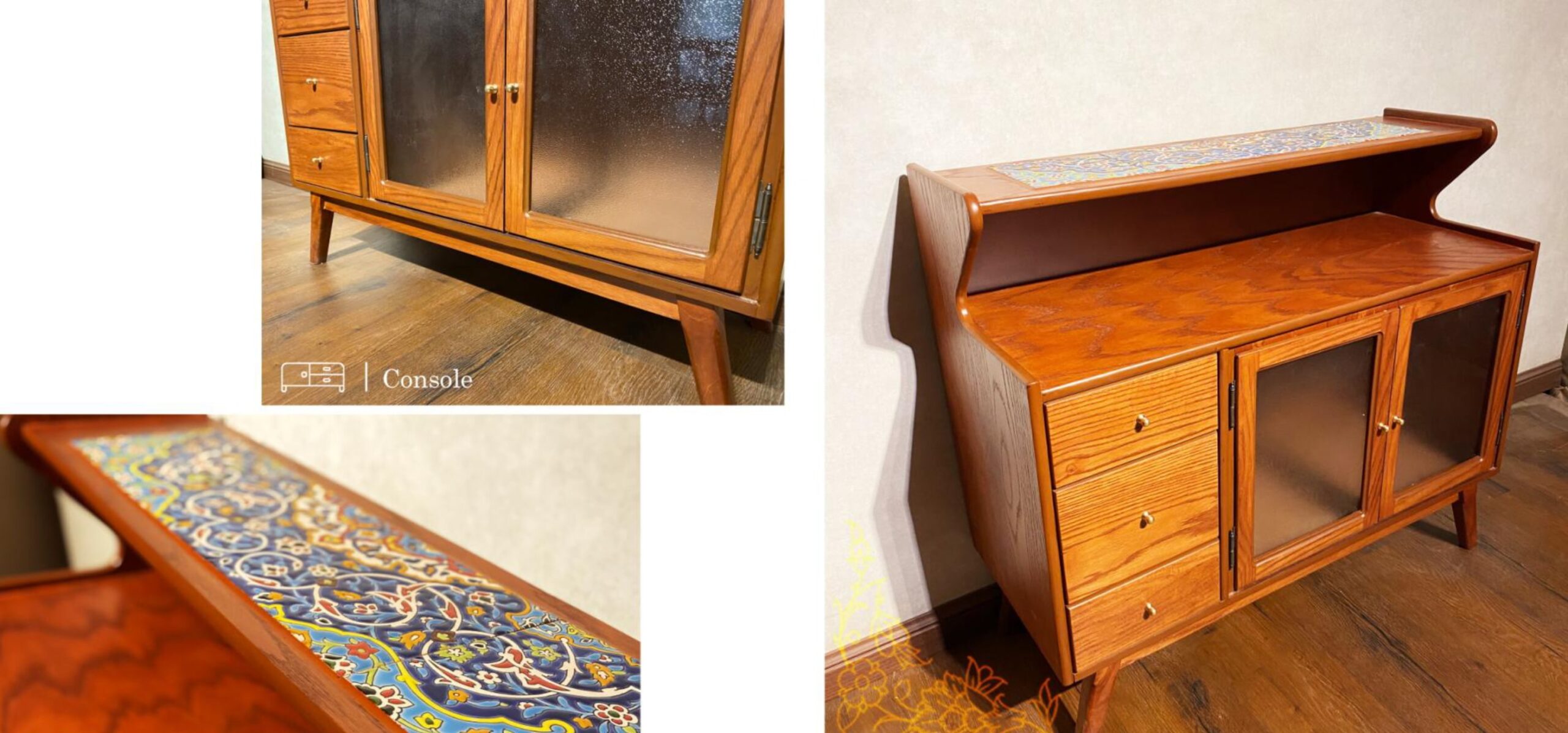 hendesi Three drawer tiled wooden console table 0 scaled - میز بار گنجه دار سه کشو با کاشیکاری -  - accent-tables